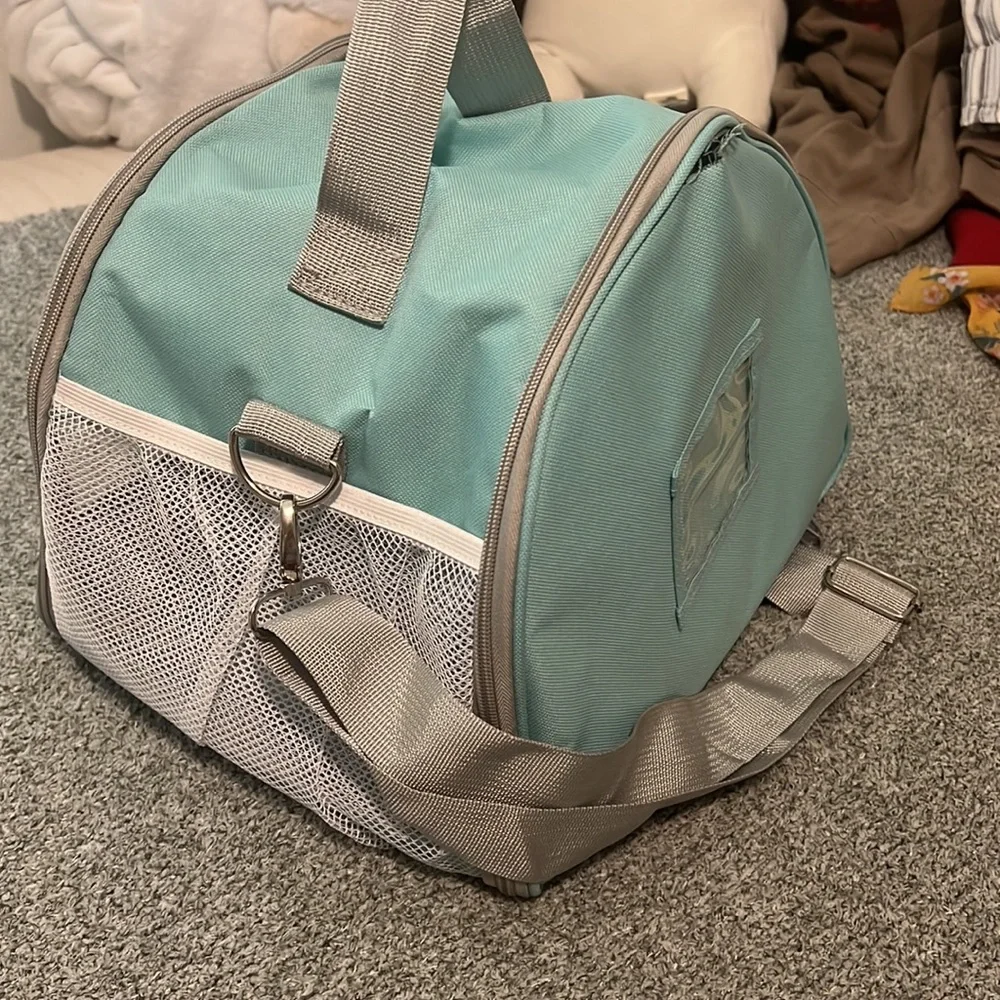 small pet animal carrier, small hole, blue